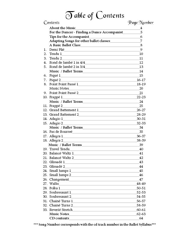 Piano Music for Ballet Class Vol 1 - contents page